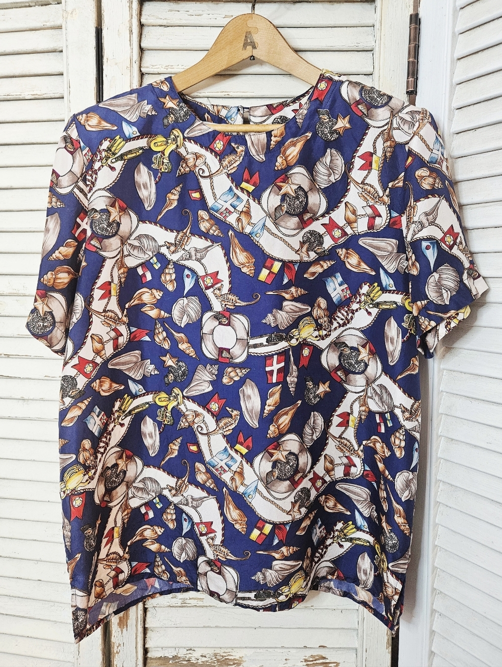 Vintage 90s 100% Silk Nautical Print Short Sleeve Blouse Medium